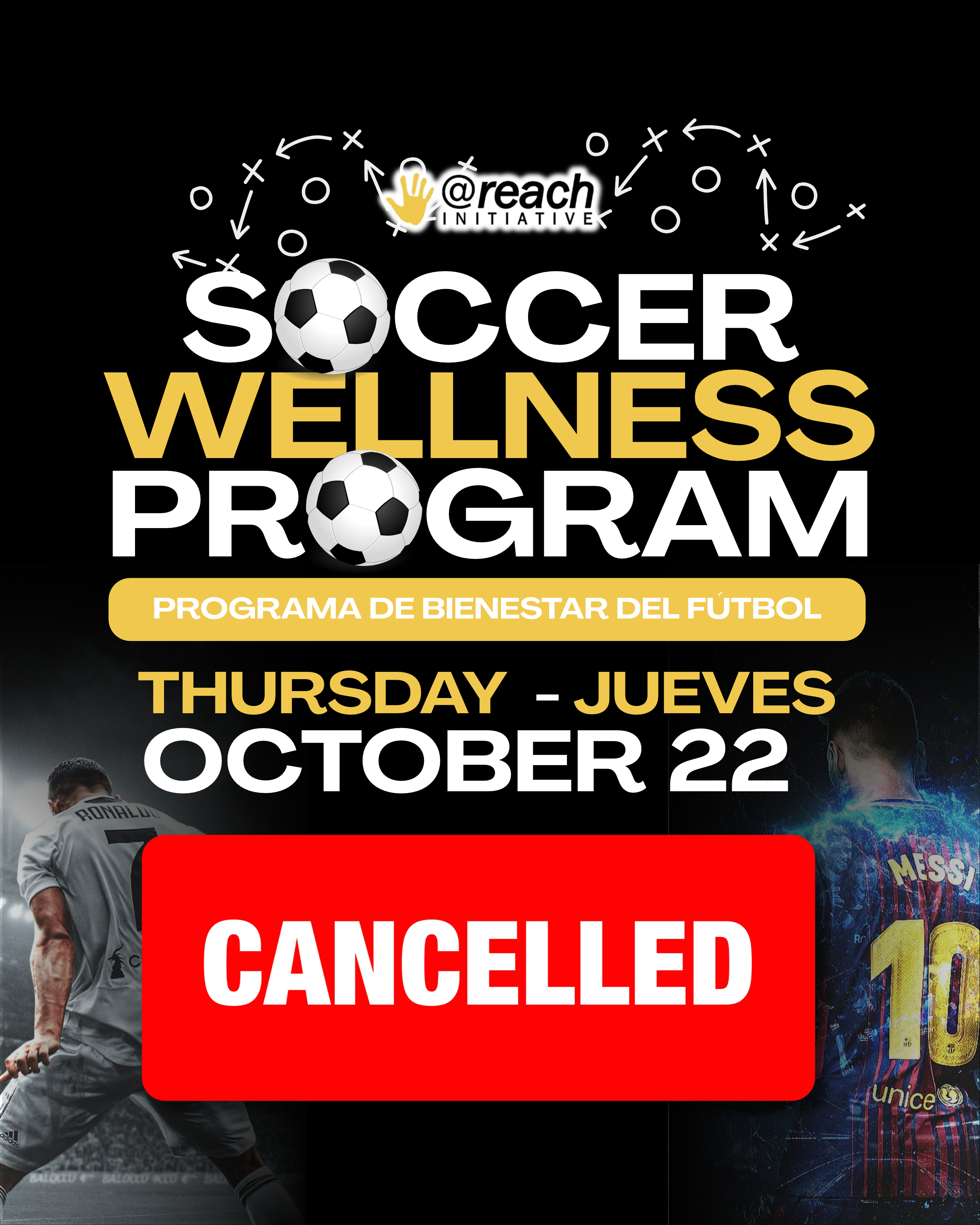 Event flyer with soccer images and text. Two soccer players in action, one in a gray jersey, the other in a red jersey.