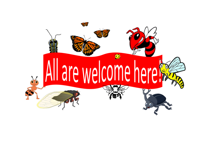 BHS hornet and cartoon insects holding a red banner with white writing that says All are welcome here