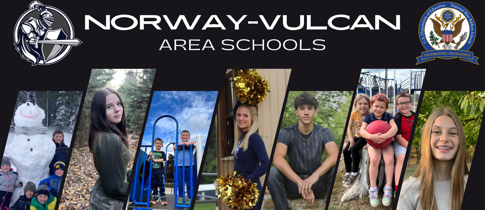 logo of Norway-Vulcan Area Schools and photos of students