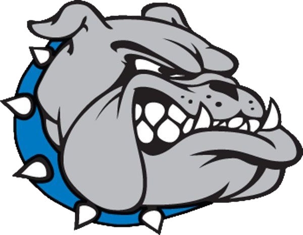 A cartoon bulldog wearing a spiked blue collar.