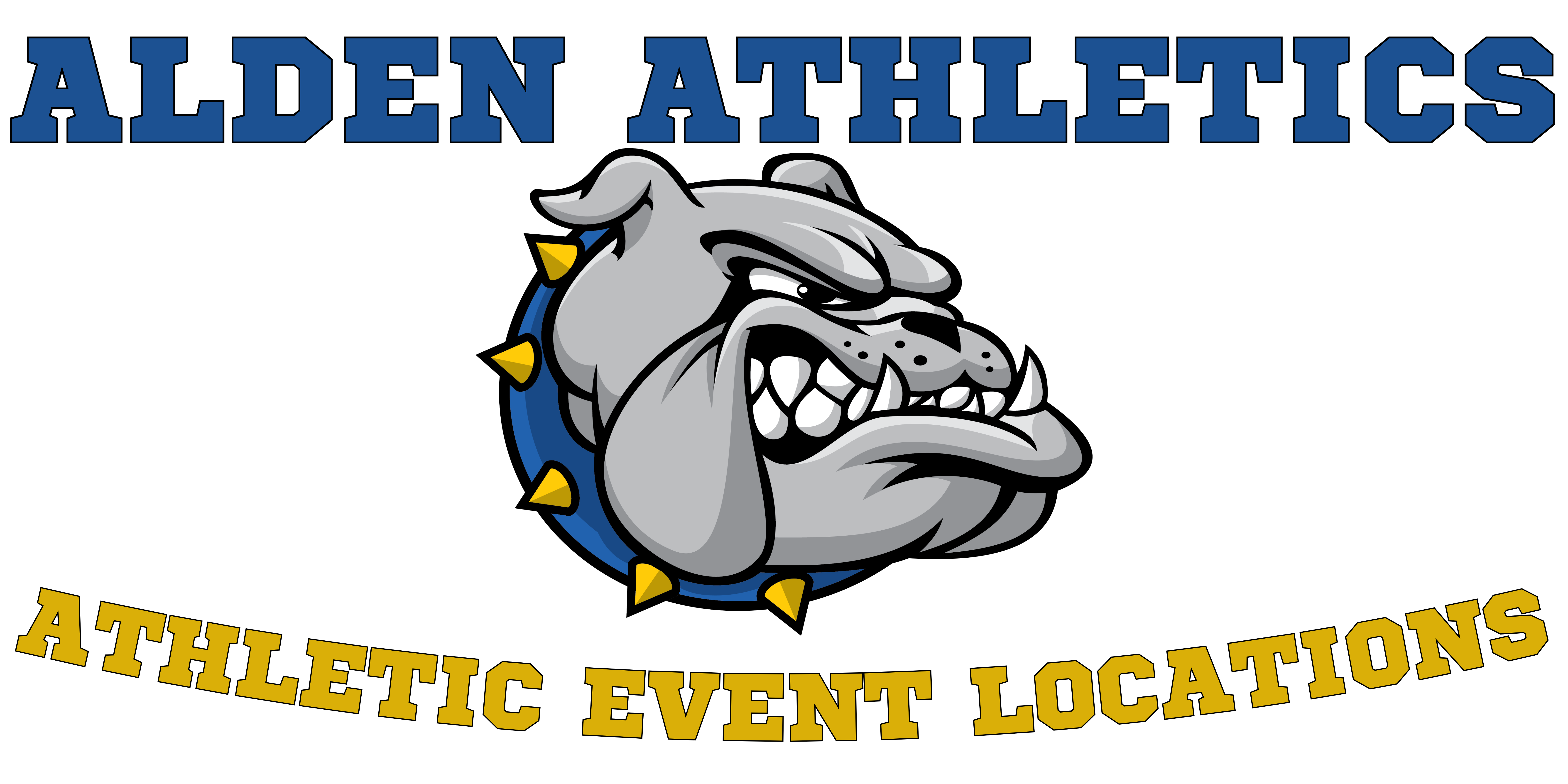Banner with the text ‘ATHLETIC EVENTS LOCATIONS’ and a message ‘When the Bulldogs are at ‘home’, see where they play…’ next to an illustration of a bulldog.