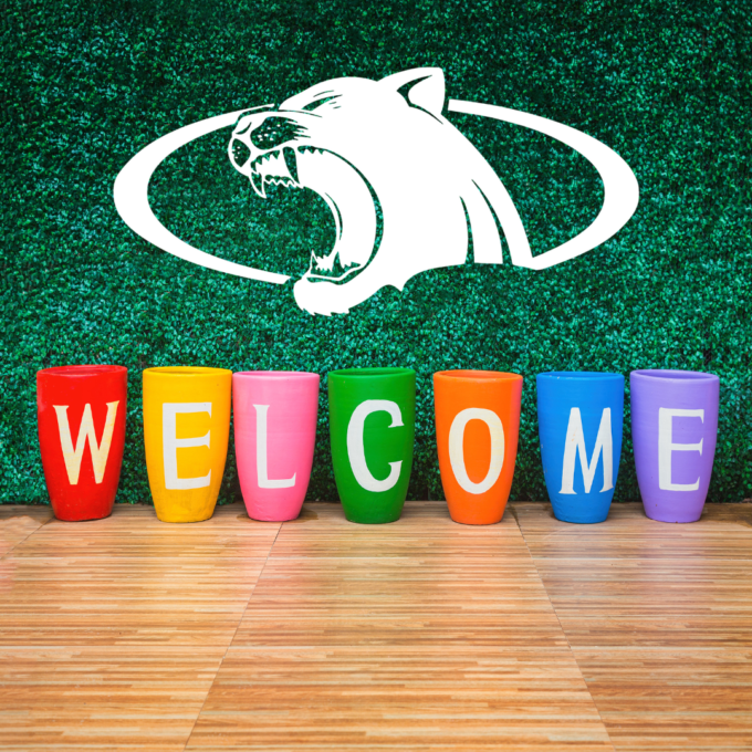 Image with Panther logo and cups spelling out welcome.