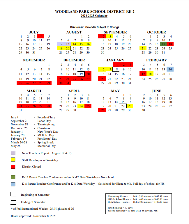 District Calendar for the 2024-25 School Year