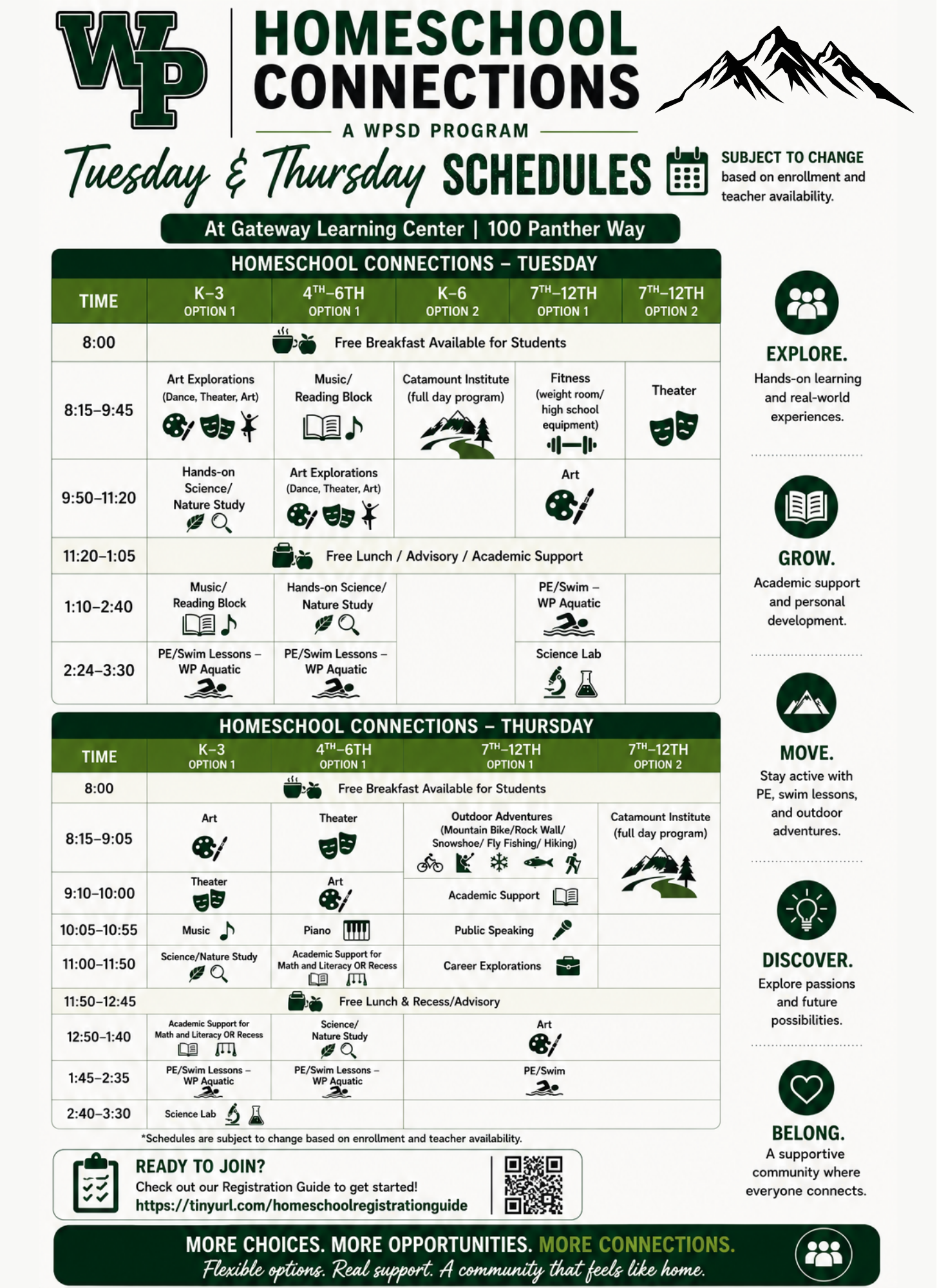 Homeschool Connections Tuesday and Thursday Schedules