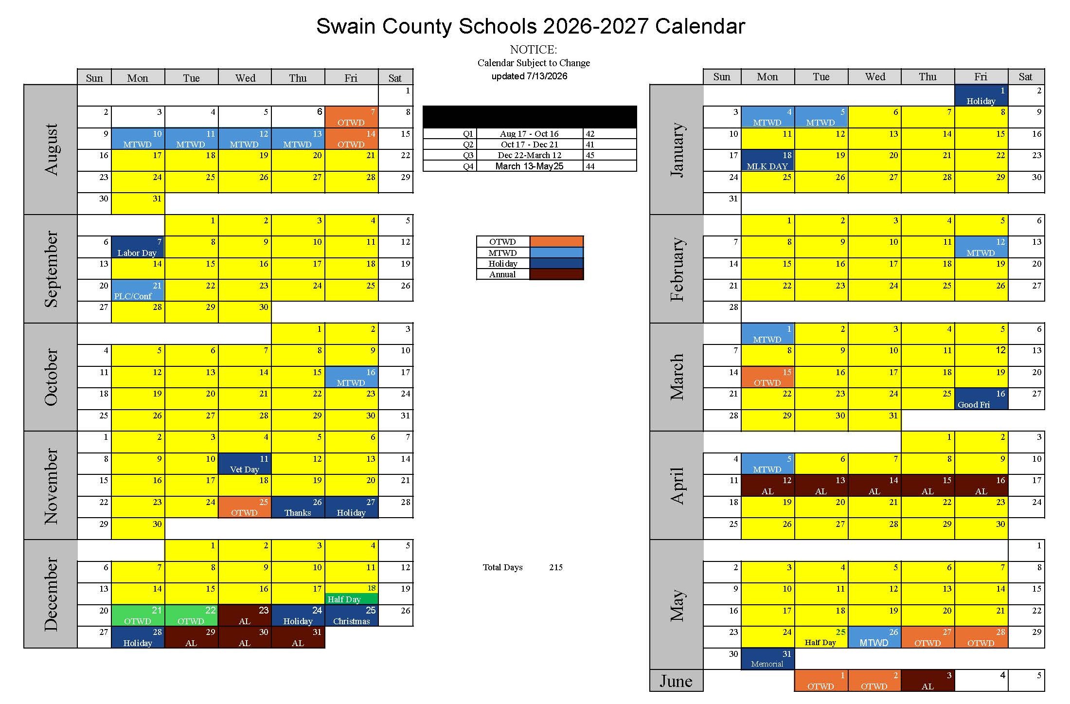 Calendar with all dates regarding Swain Schools for 26-27 Calendar year