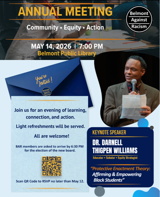Belmont Against Racism Annual Meeting 2026 flyer