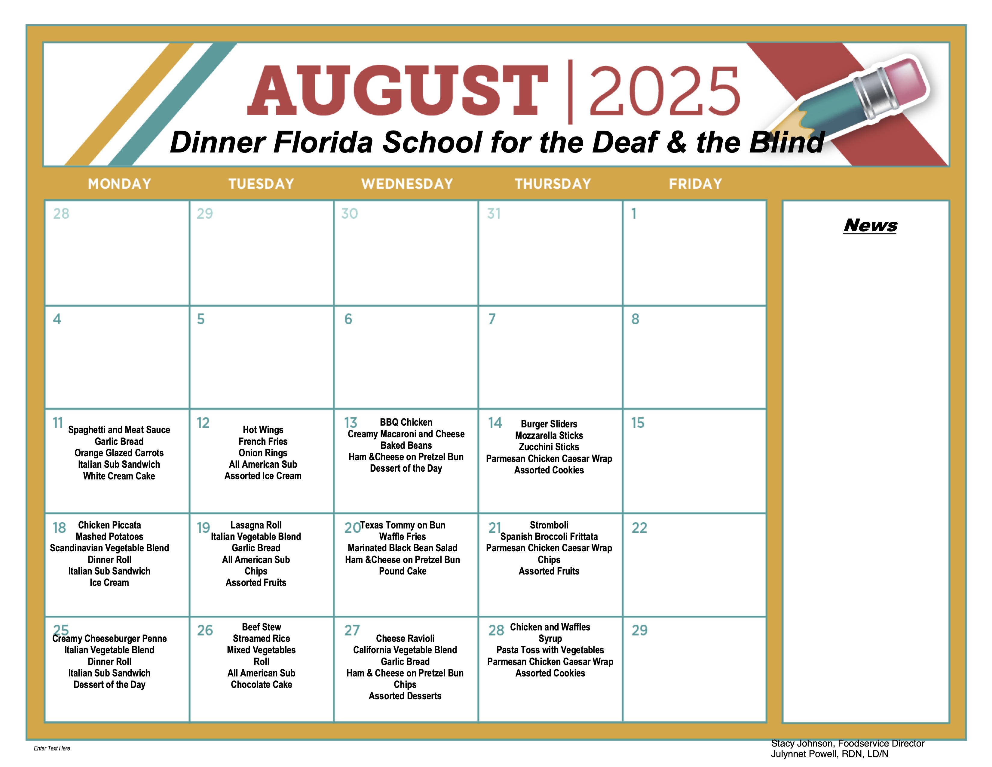 August Dinner Menu