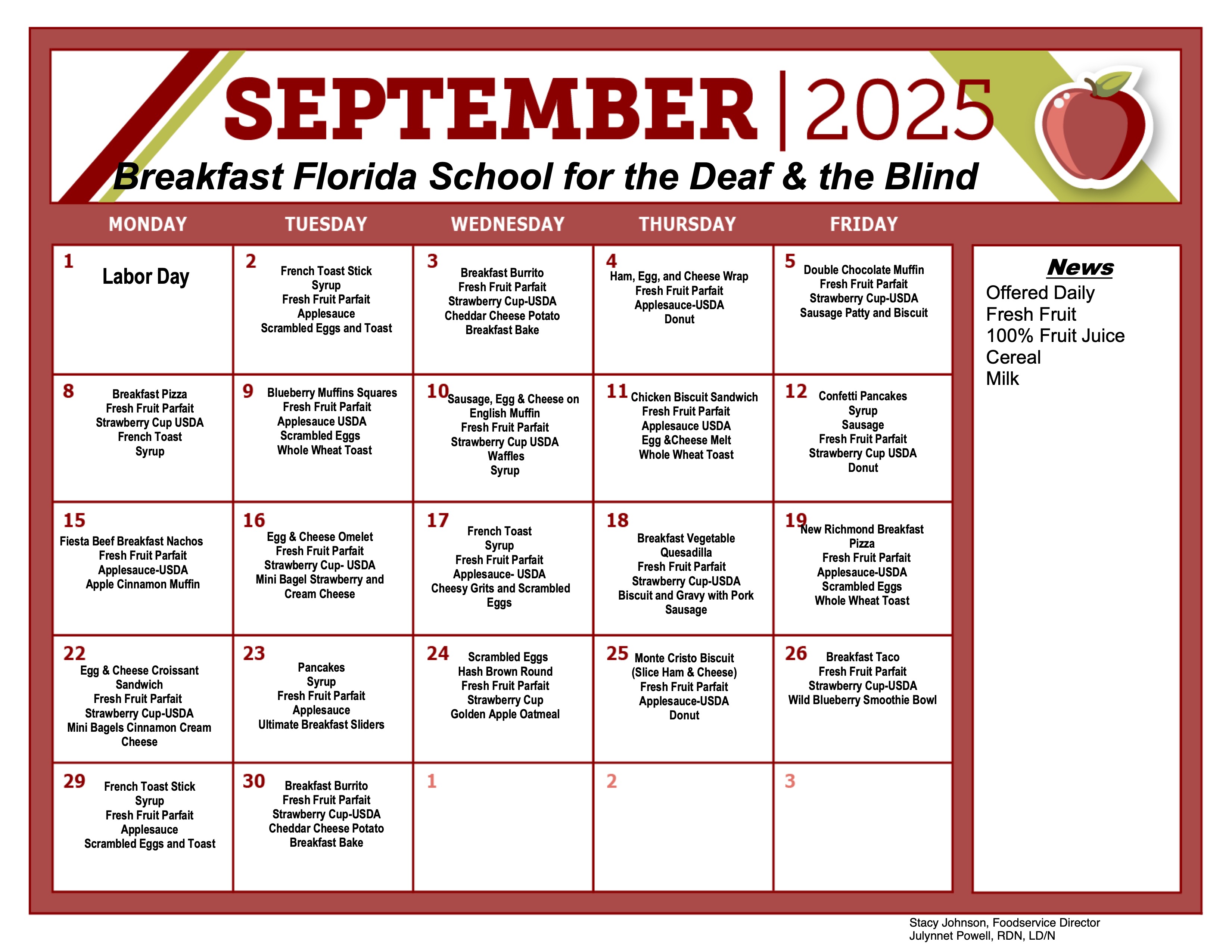 September Breakfast Menu