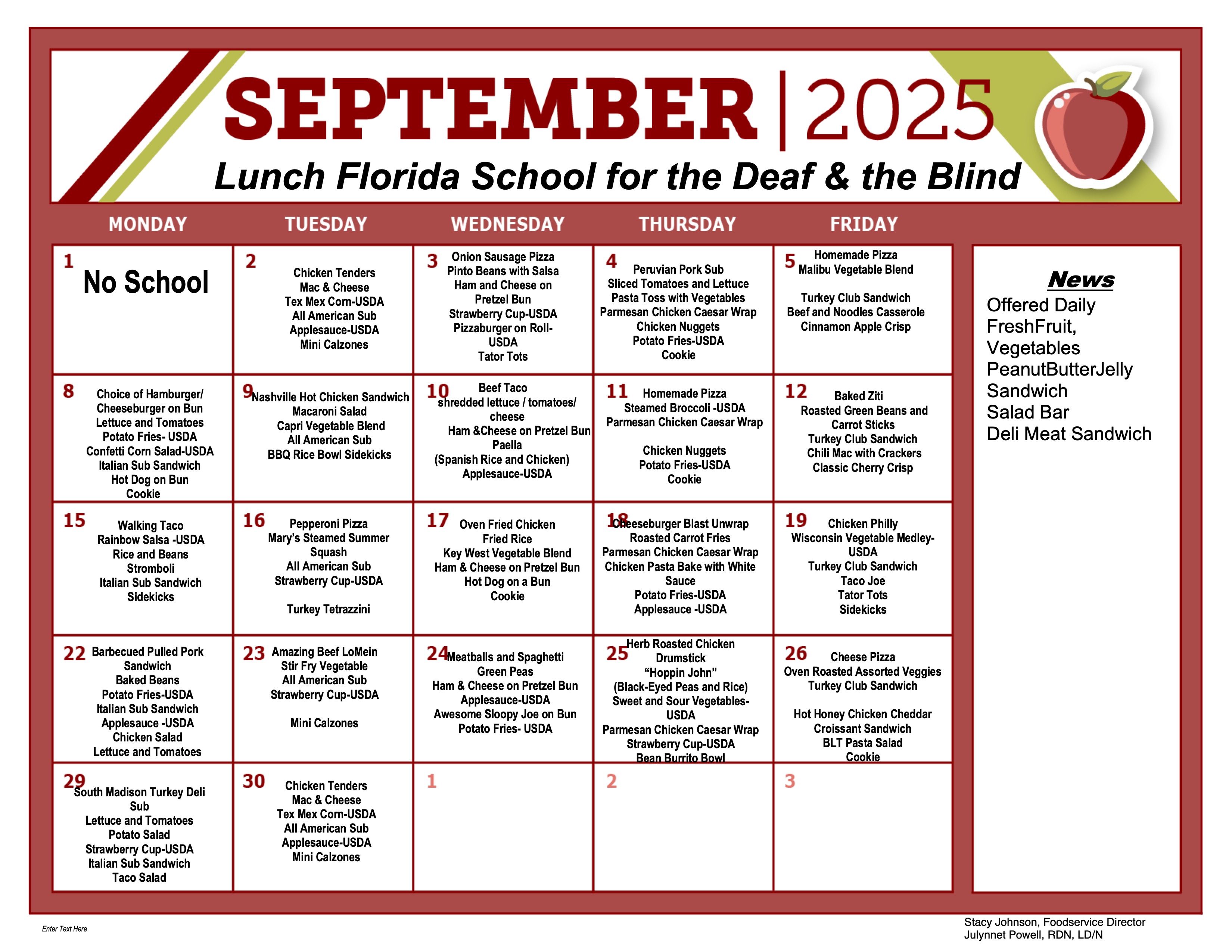 September Lunch Menu