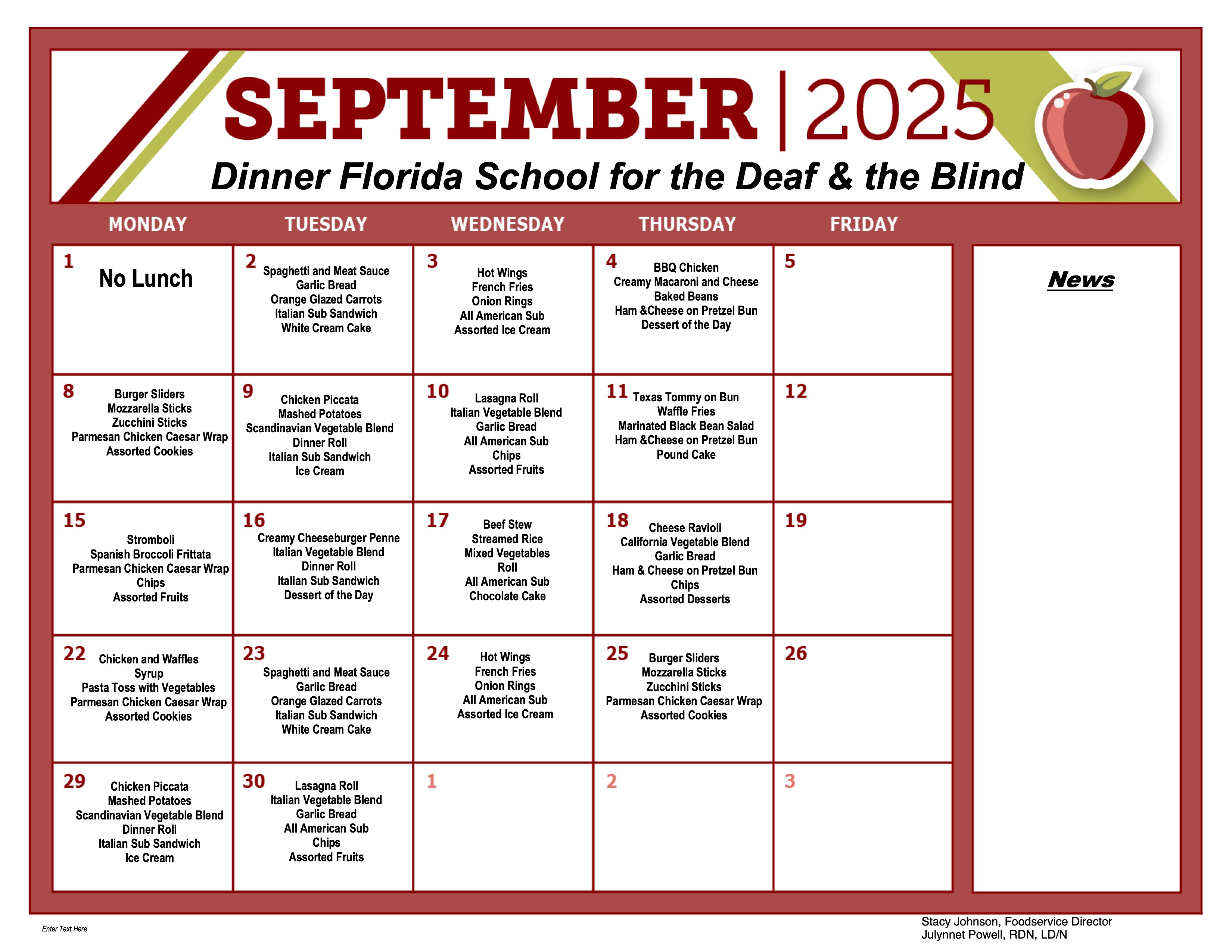 September Dinner Menu