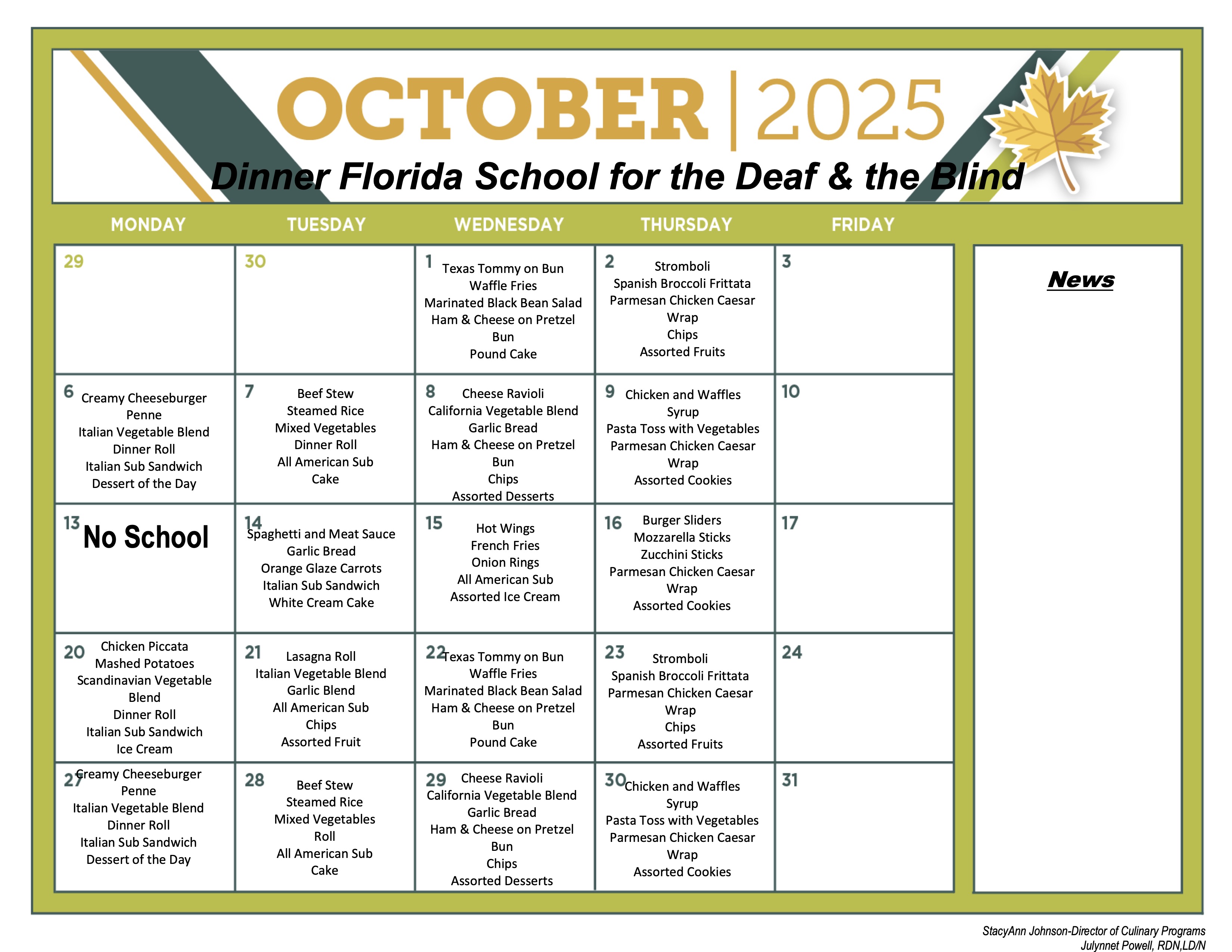 October Dinner Menu