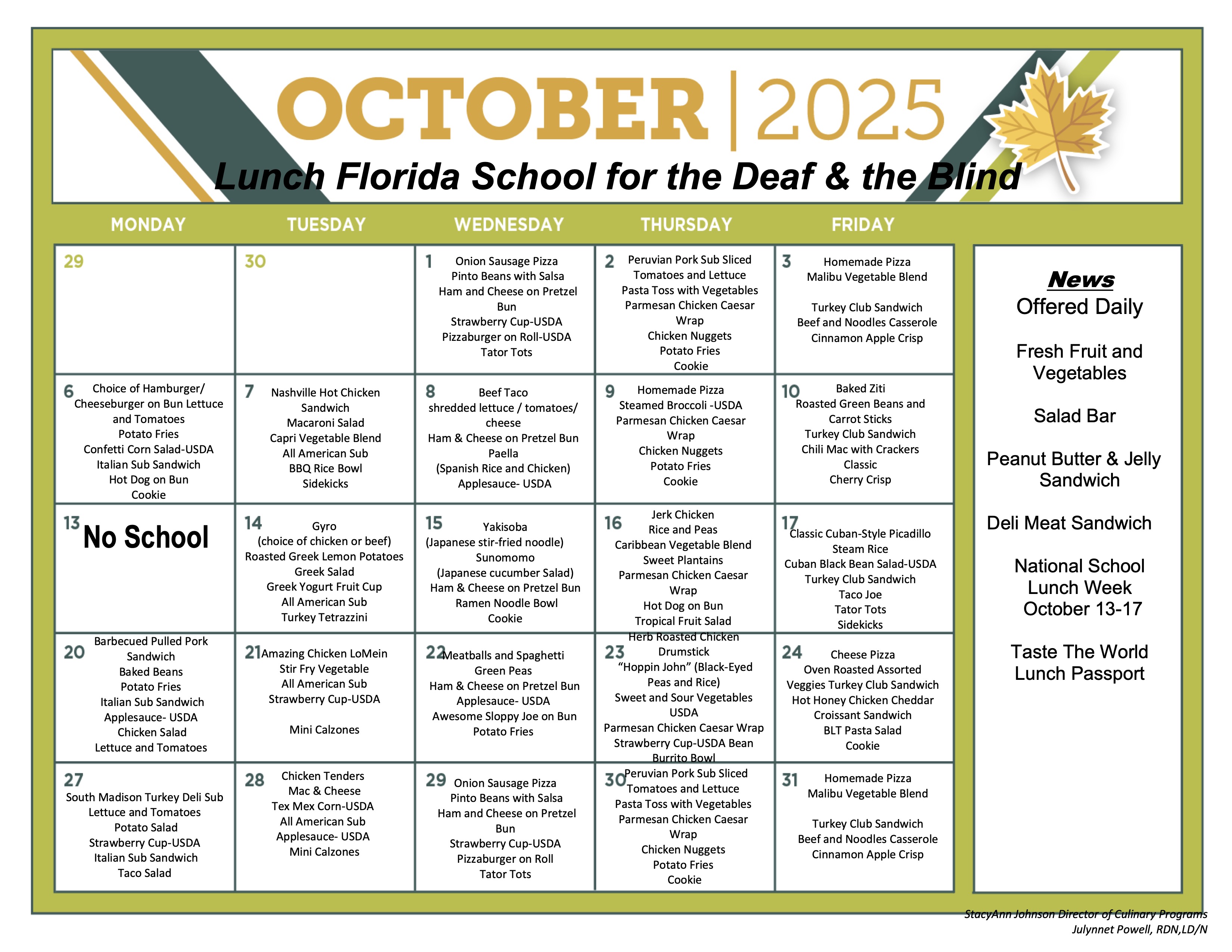 October Lunch Menu