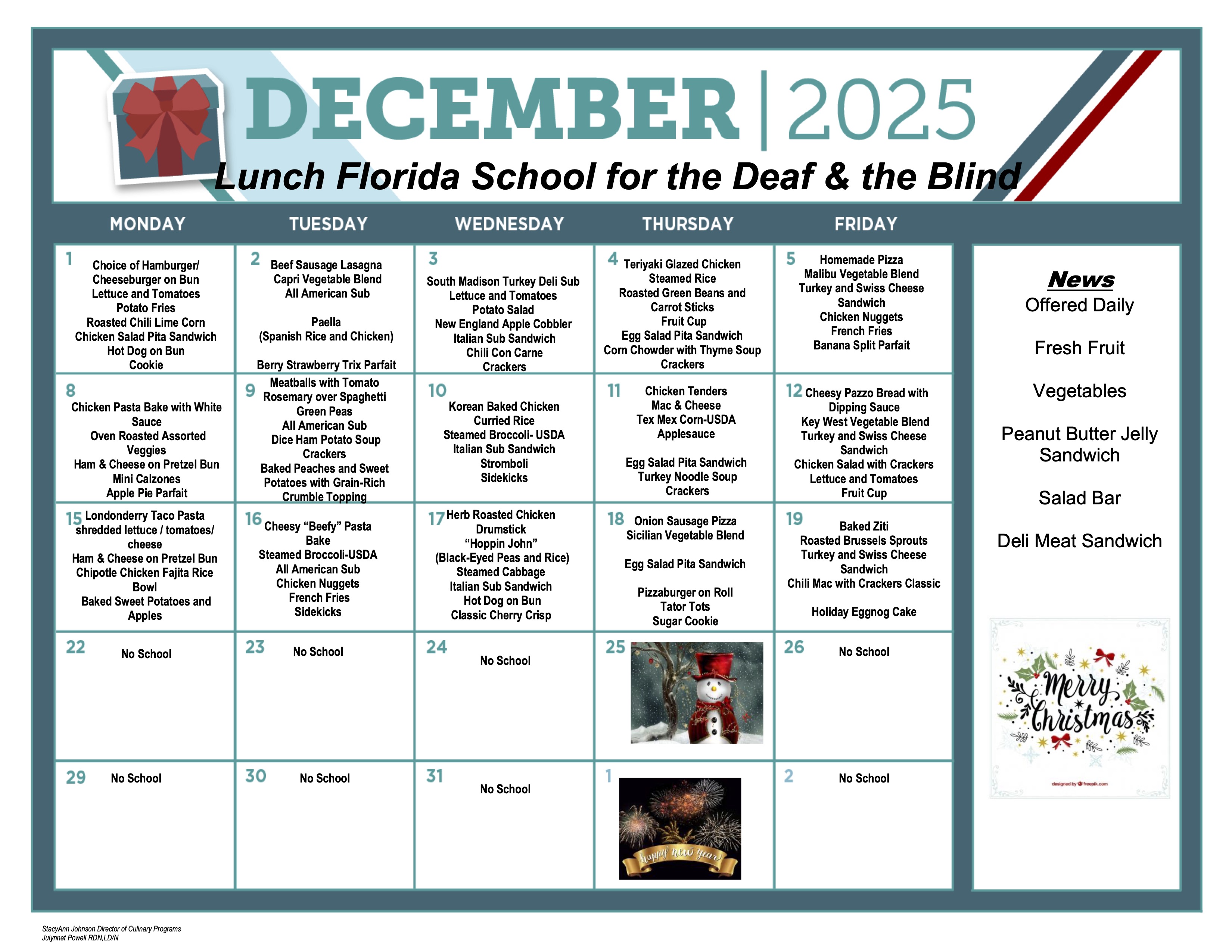 December Lunch Menu 2025