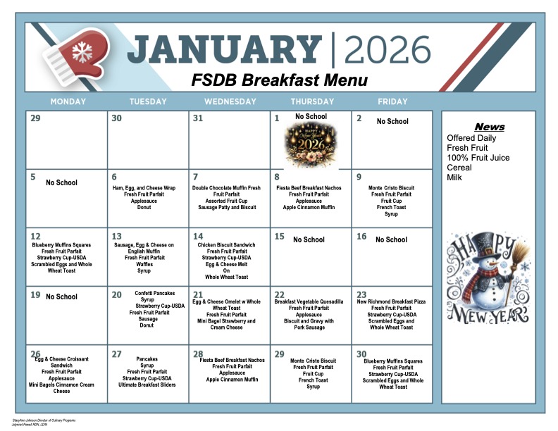 January Breakfast Menu 2025