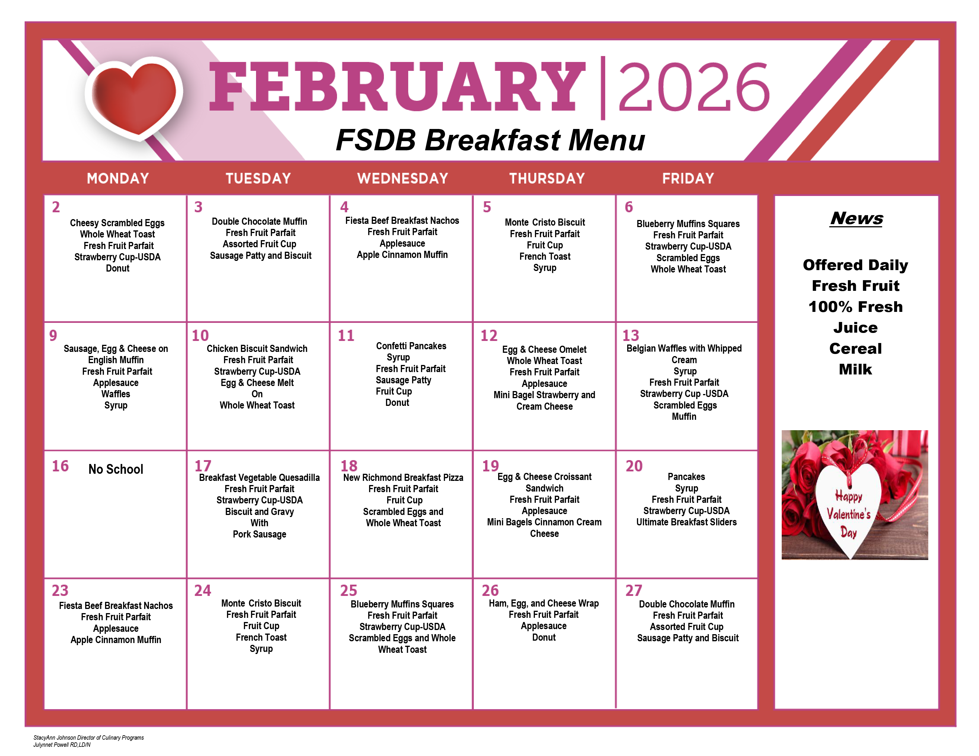 February Breakfast Menu 2026