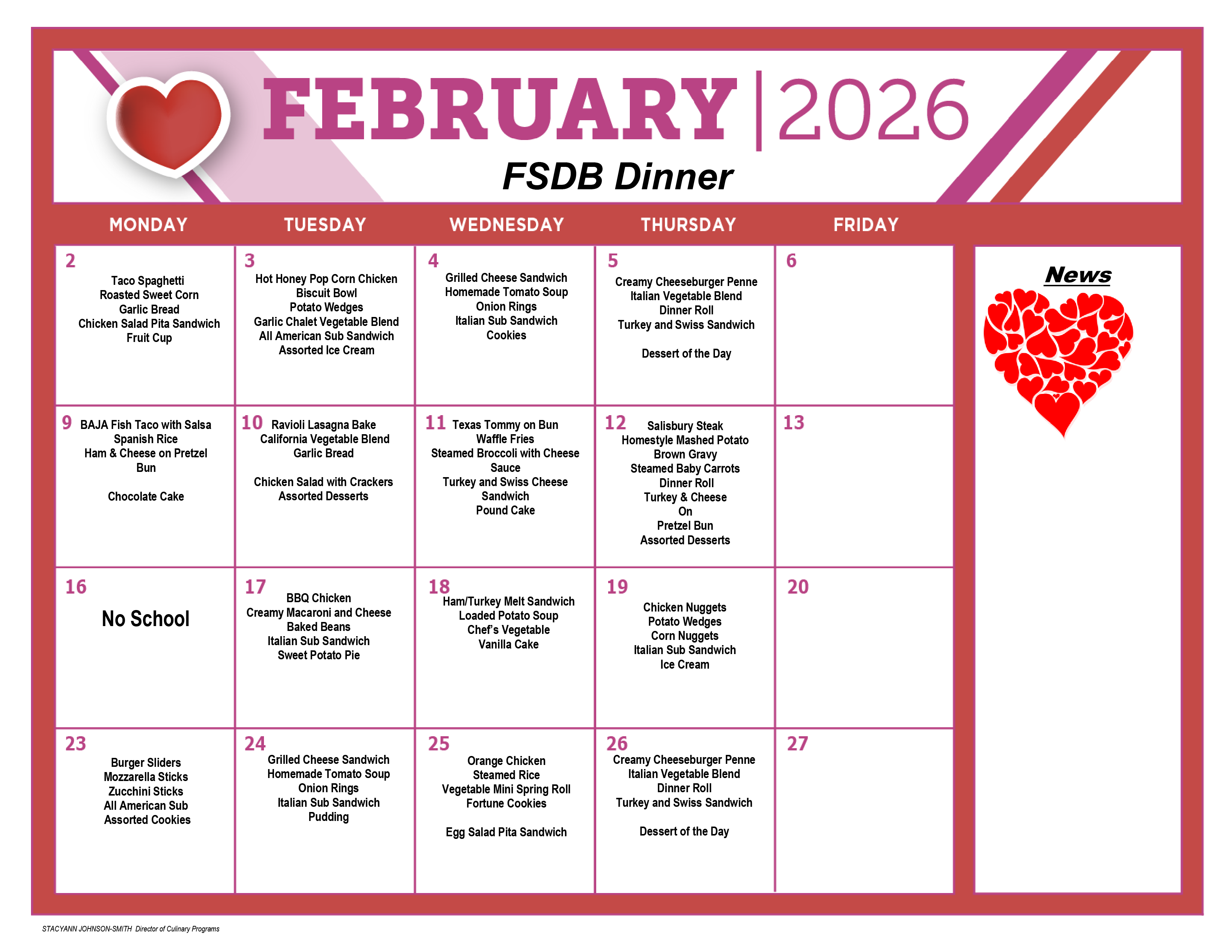 February Dinner Menu 2026