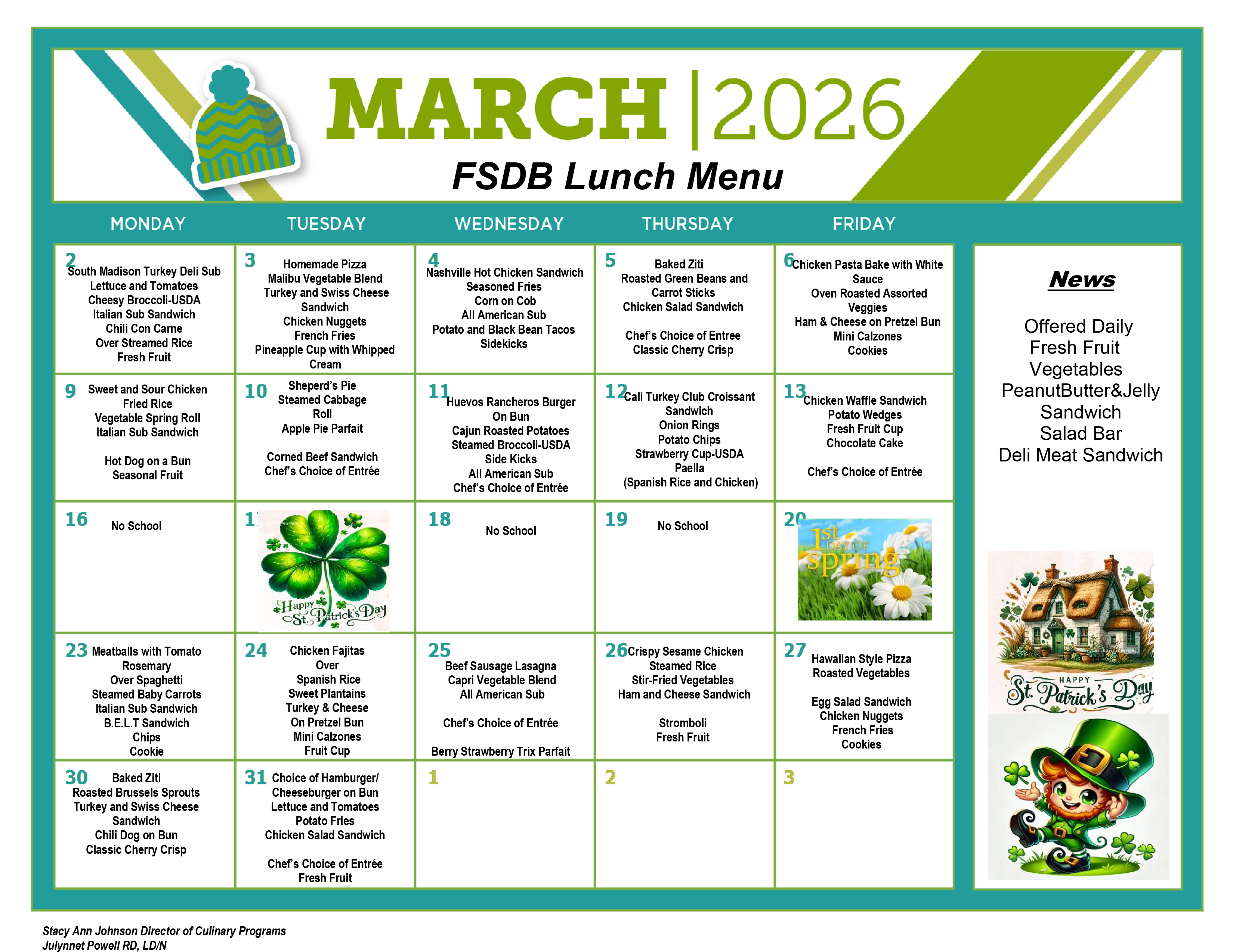 March Lunch Menu 2026