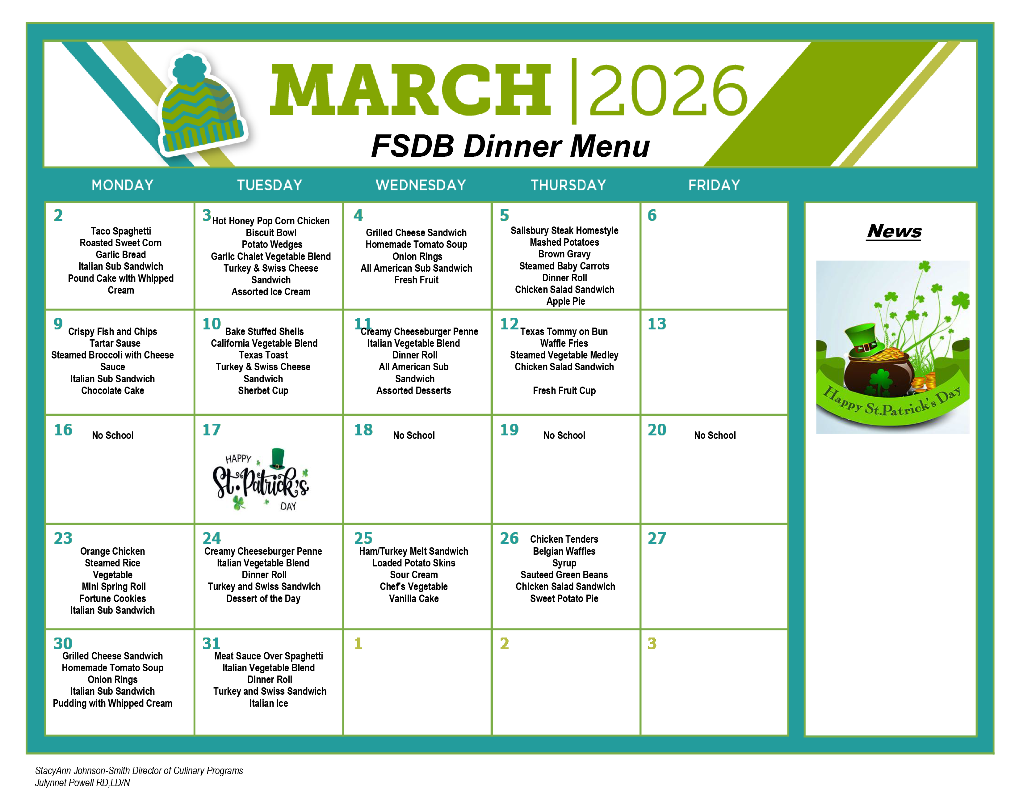 March Dinner Menu 2026
