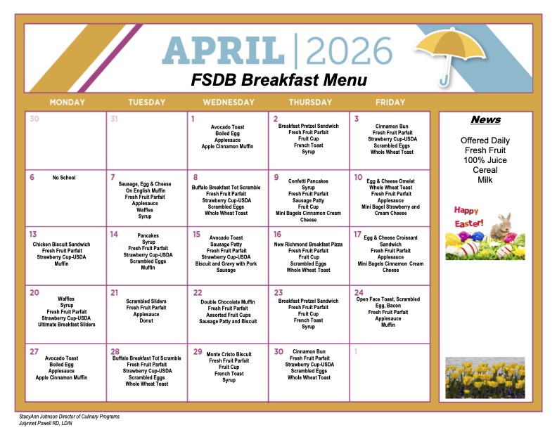 April Breakfast Menu 2026
