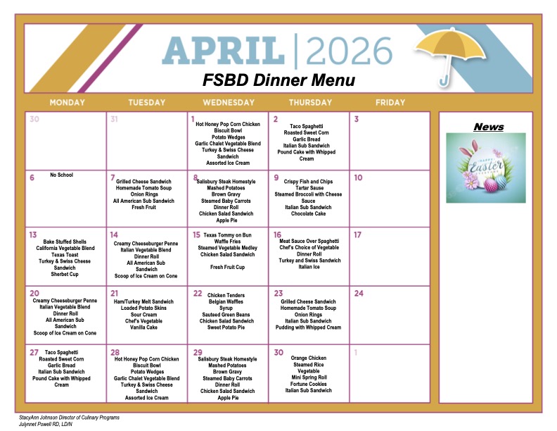 April Dinner Menu 2026