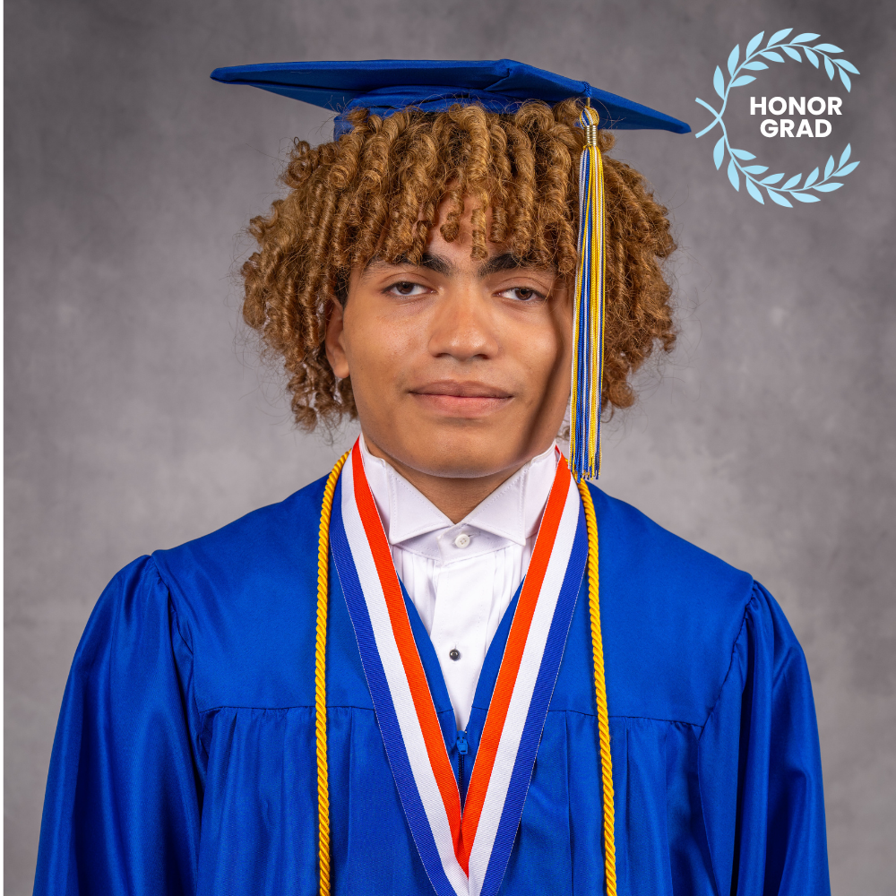 Addison Allen wearing a blue cap and gown.