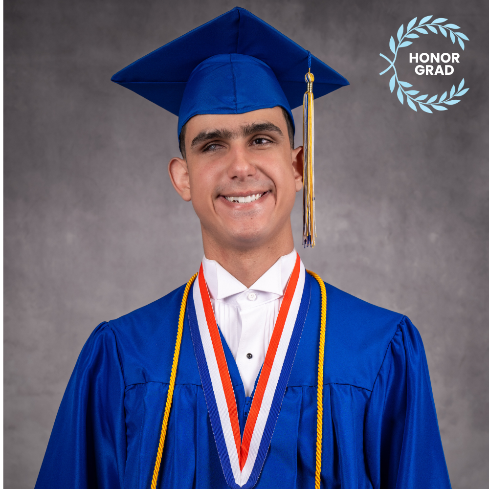 Damian Palacios wearing a blue cap and gown.