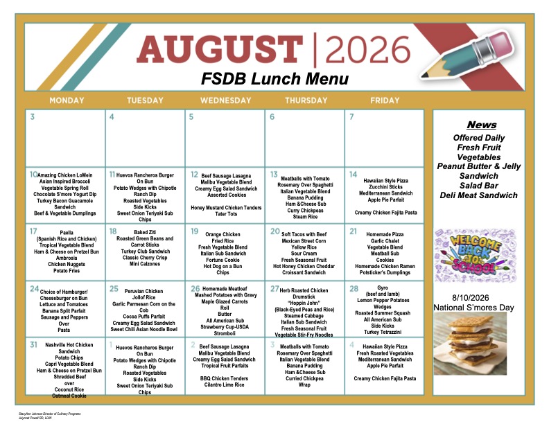 August Lunch Menu 2026