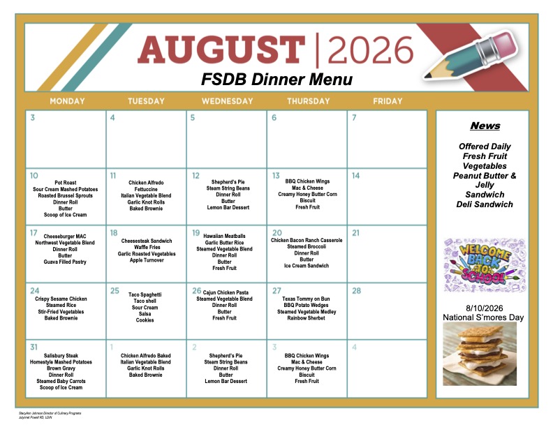 August Dinner Menu 2026
