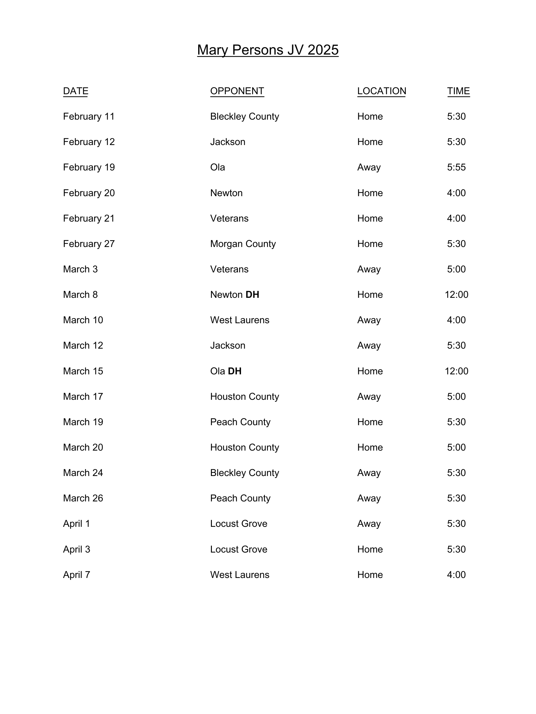 JV Schedule
