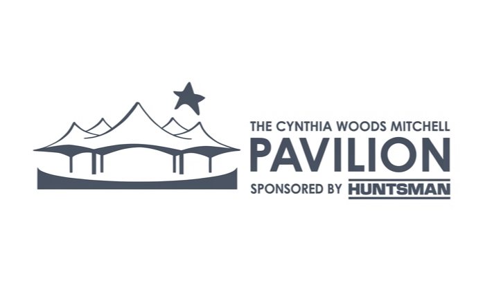 Logo features tent with mountain peak, star, and text reading "The Cynthia Woods Mitchell Pavilion" and "Sponsored by Huntsman."