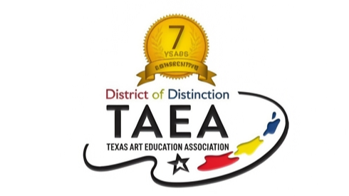 A logo with a black outline features "District of Distinction" and "TAEA" with a star and colors.