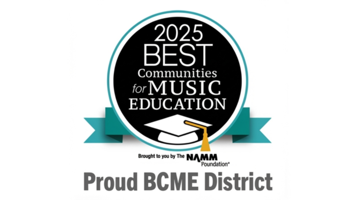 Logo with a black circle, featuring "2025 BEST Communities for MUSIC EDUCATION", a graduation cap, and "Brought to you by The NAMM Foundation".