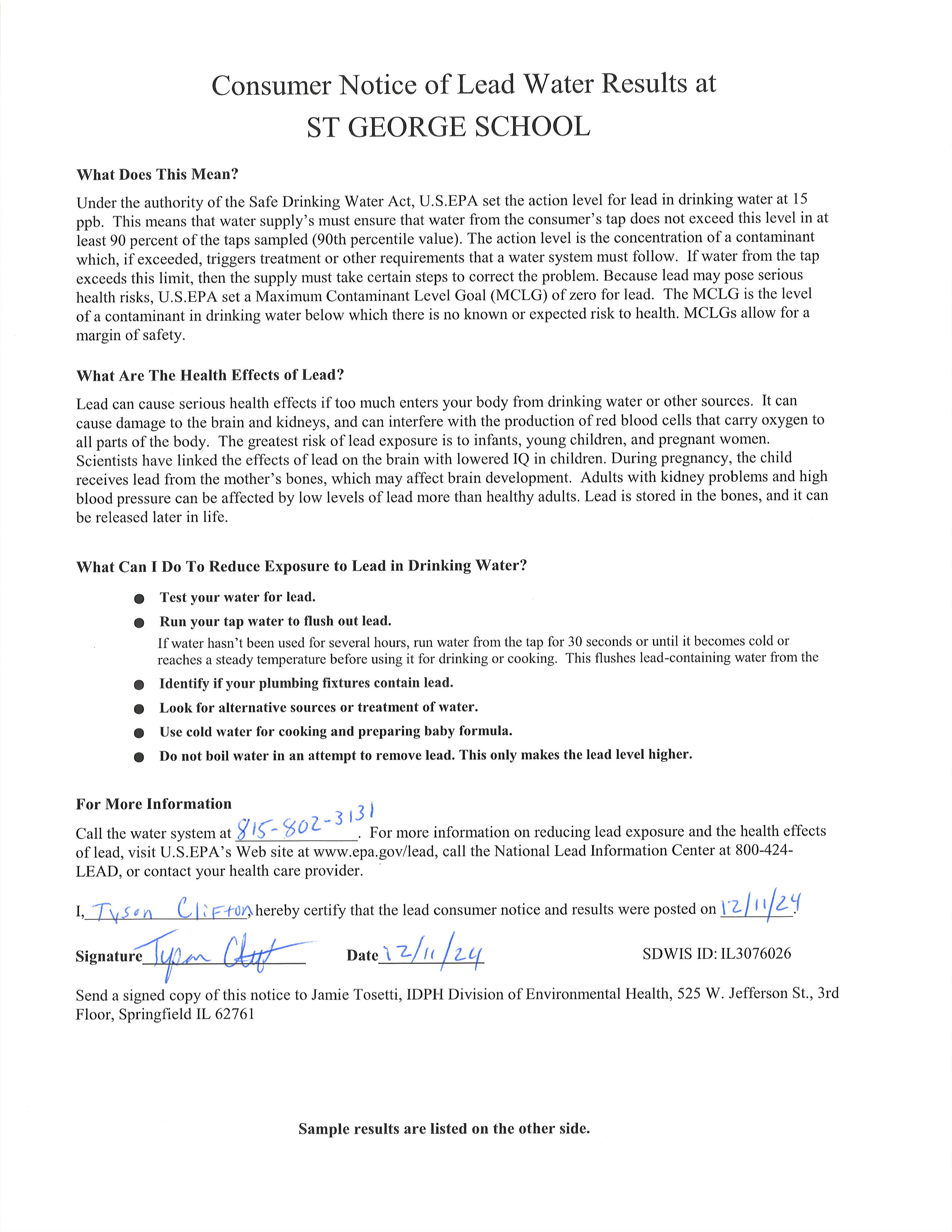 2024 Water Testing – Lead Testing Results Information