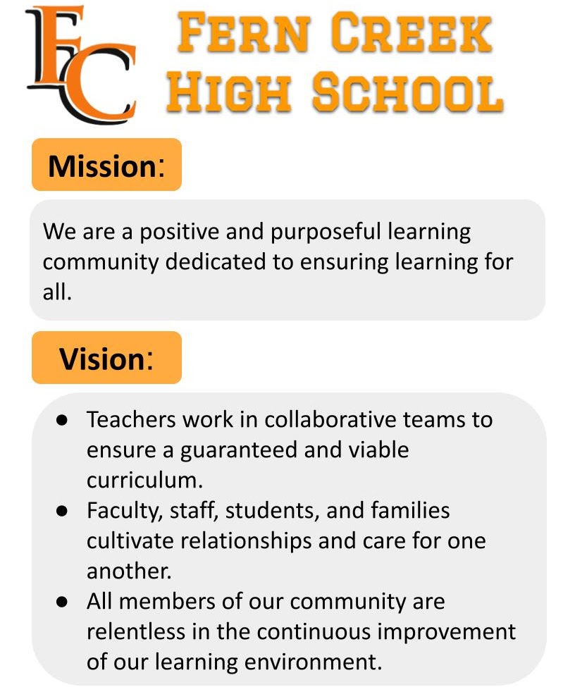 Mission:  We are a positive and purposeful learning community dedicated to ensuring learning for all.  Vision:      ﻿﻿Teachers work in collaborative teams to ensure a guaranteed and viable curriculum.    ﻿﻿Faculty, staff, students, and families cultivate relationships and care for one another.    ﻿﻿All members of our community are relentless in the continuous improvement of our learning environment.