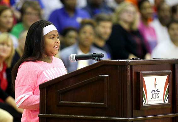 student at podium