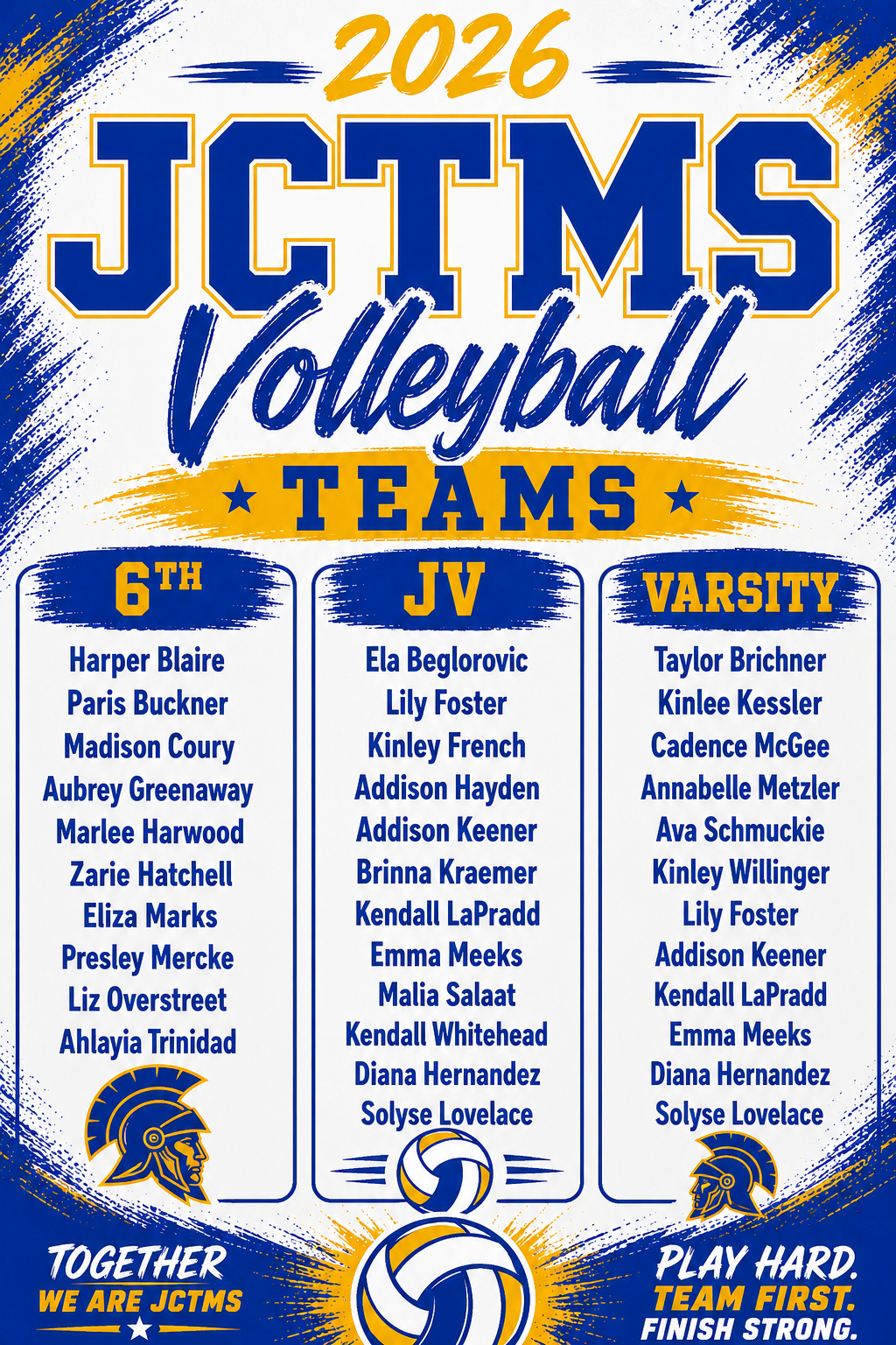 🏐 6th GradeHarper BlaireParis BucknerMadison CouryAubrey GreenawayMarlee HarwoodZarie HatchellEliza MarksPresley Mercke🏐 JV TeamEla BeglerovicLily FosterKinley FrenchAddison HaydenAddison KeenerBrinna KraemerKendall LaPraddEmma Meeks🏐 Varsity TeamTaylor BrichnerKinlee KesslerCadence McGeeAnnabelle MetzlerAva SchmuckieKinley WillingerLily FosterAddison Keener
