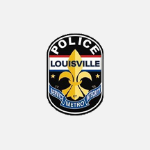 The image shows a police emblem with the name 'Louisville' and the text 'Service Authority Metro'.