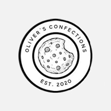 This image depicts a round, illustrated emblem featuring the text "OLIVER'S CONFECTIONS" prominently at the center, encased within two concentric circles. The inner circle contains an illustration of a chocolate chip cookie with a few visible chocolate chips on top, suggesting a sweet, baked good. The outer circle has a dashed line border and is overlaid on a solid white background. The style of the image is clean and modern, with a minimalist design aesthetic.