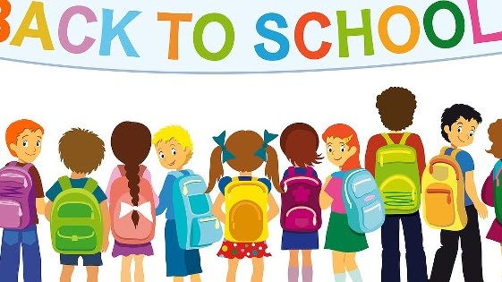 Drawing of kids lined up with back to school text