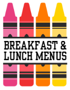 Colorful breakfast crayons atop a lunch menu poster.