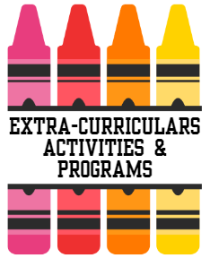 Vividly colored crayons on the left and a text overlay that says 'Extra-curricular activities & programs' in bold, capitalized letters.