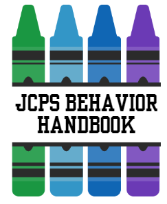A colorful collection of markers in a pencil holder, with the JCPS Behavior Handbook visible underneath.