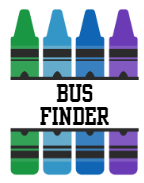 The image is a vibrant and colorful representation of crayons, creatively arranged to spell out the words "BUS FINDER" in purple.