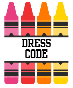 Colorful chalk crayons on a white background, with the word 'dress code' in bold black letters.