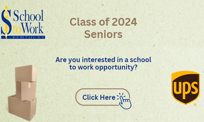 Screenshot of a google slides presentation stating Class of 2024 Seniors. Are you interested in a school to work opportunity? Click here.