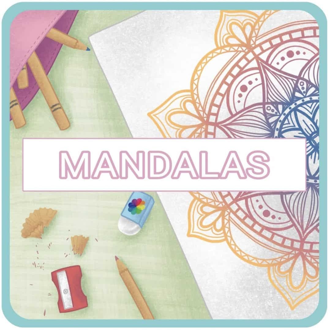 This image depicts a colorful drawing of an intricate, mandala-style design on paper, with various art supplies such as pencils and scissors arranged around it. The drawing features a vibrant blend of blue, orange, and yellow hues, creating a harmonious, eye-catching pattern, set against a simple background. The text "Mandala" is written across the middle of the image, indicating that this is likely a hand-drawn mandala design.