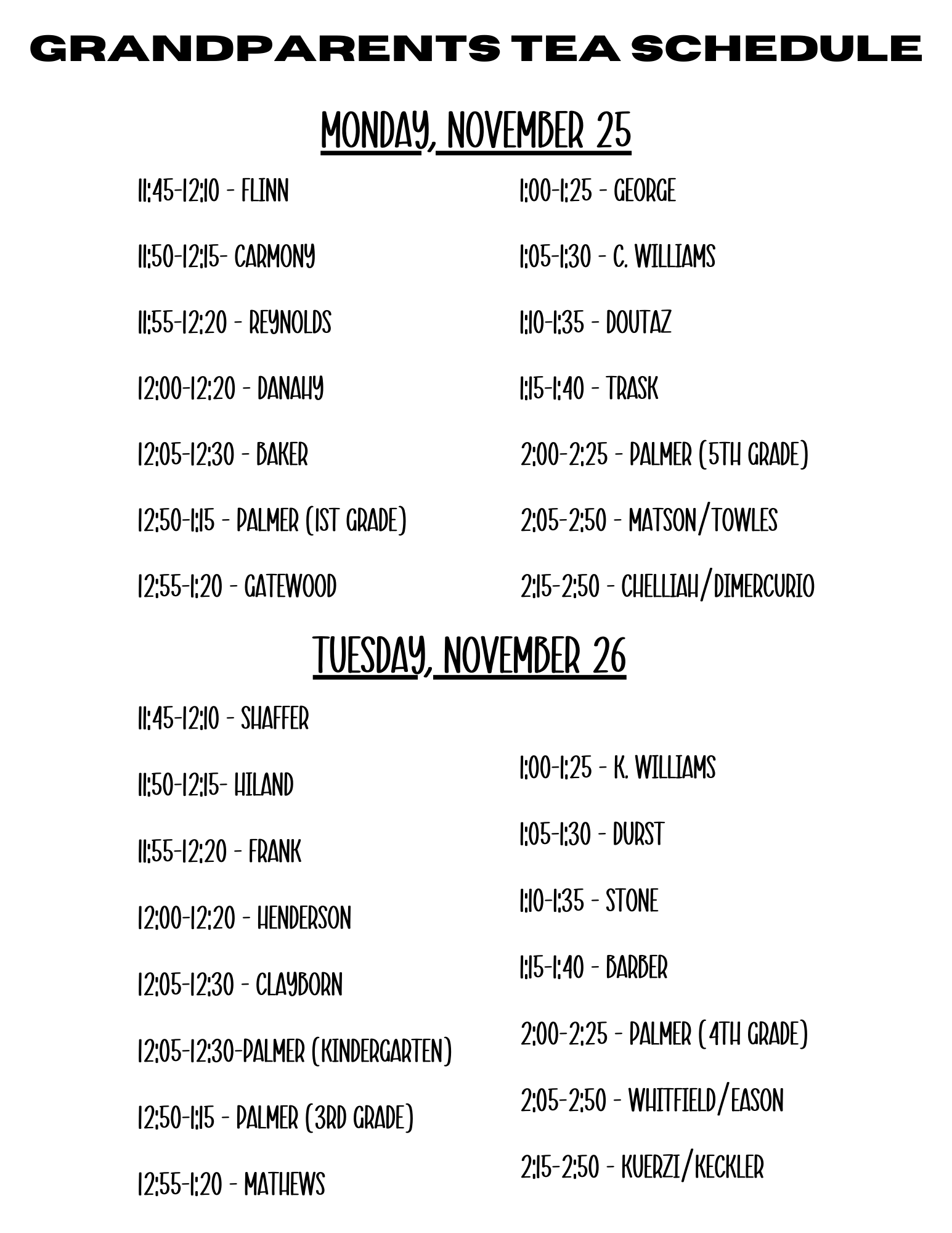 Schedule for Grandparents Tea Event