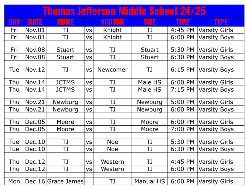 TJ Basketball Schedule