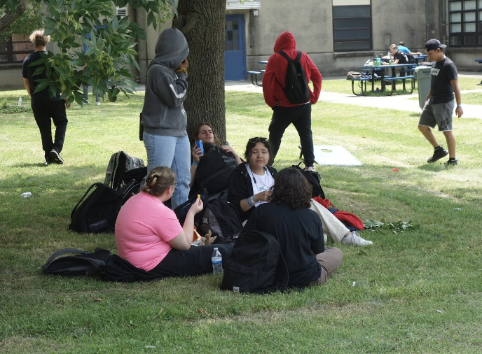 students sitting in the garden