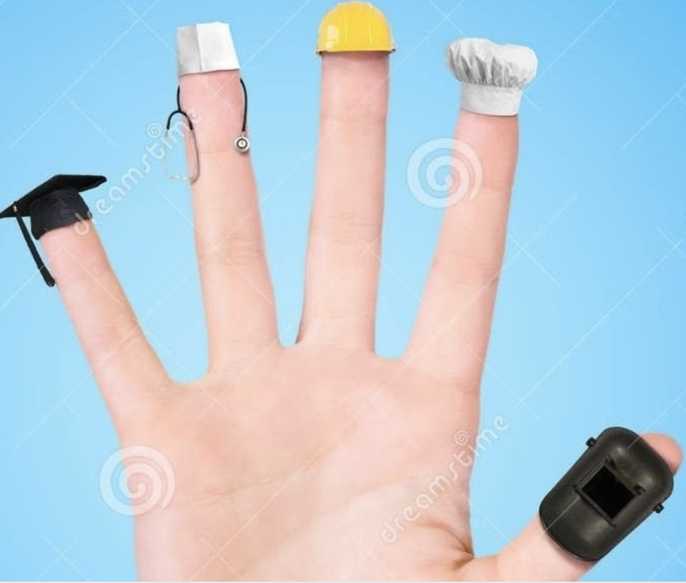 hand with different career hats in the fingers
